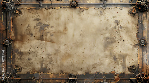 A detailed rusty metal steampunk frame with gears and industrial elements, perfect for a grunge background