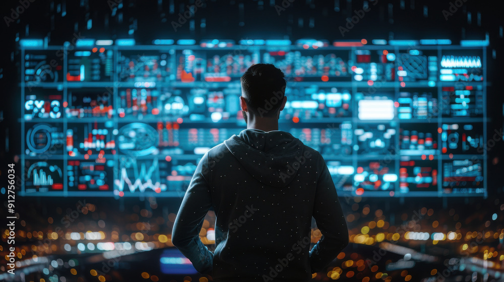 A man stands in front of a large screen filled with data visualizations, analyzing information in a futuristic setting. A man stands in front of a large screen filled with data visualizations, analyzing information in a futuristic setting.