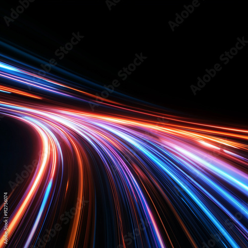 Neon light trails in motion. Long exposure glow. Warp speed effect. Radial blur. Sci-fi energy burst. Fast car lights. Speed lights. Abstract fractal art. Futuristic technology background.