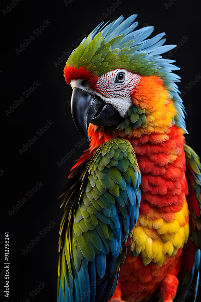A colorful parrot with a black beak stands on a black background A colorful parrot with a black beak stands on a black background