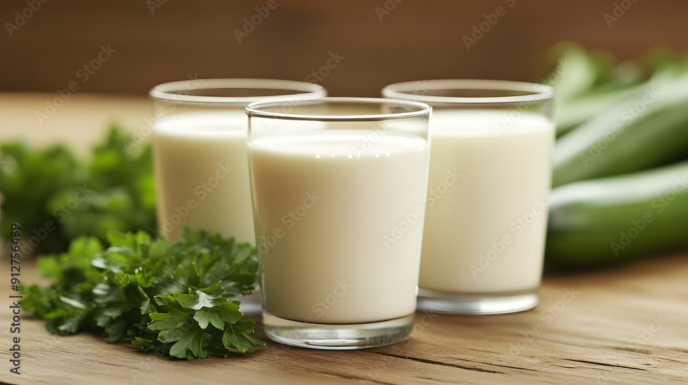 Three Glasses of Milk with Leafy Greens Background, Symbolizing Bone Strength and Overall Health Three Glasses of Milk with Leafy Greens Background, Symbolizing Bone Strength and Overall Health