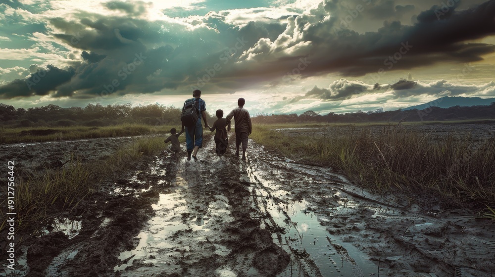 A family walks hand-in-hand along a muddy path under a dramatic sky, highlighting the resilience and intimate bonding against a serene rural backdrop.