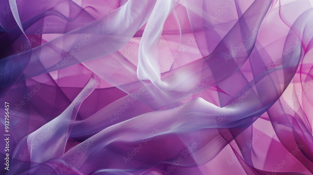 Obraz premium Ethereal waves of purple and white fabric softly intertwine, creating a delicate and dreamlike visual display with translucent textures.