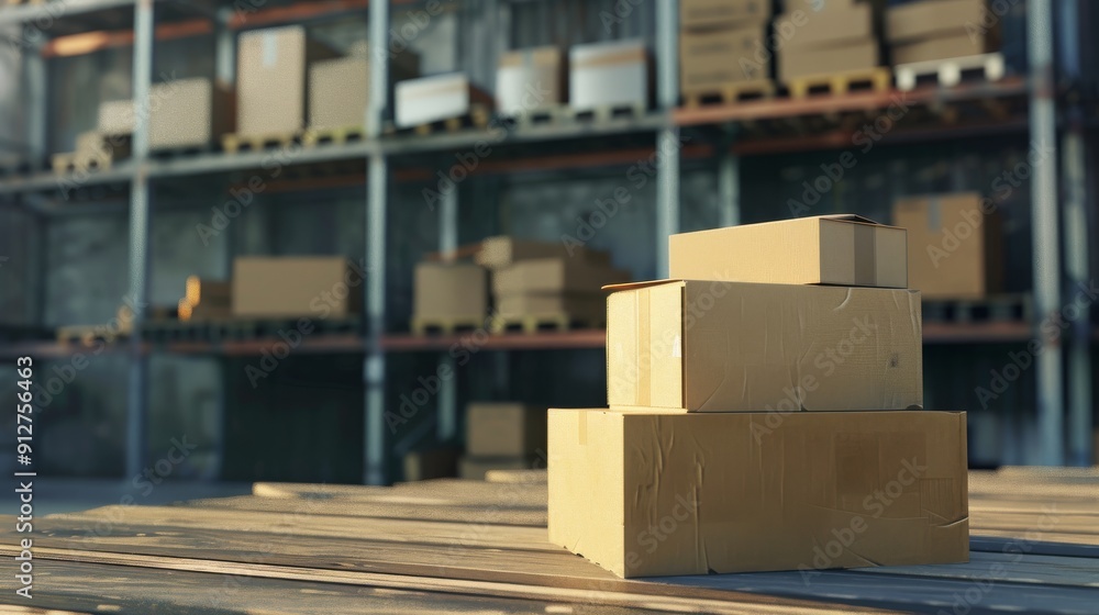 Three cardboard boxes are stacked neatly on a wooden platform in a spacious warehouse with shelves filled with package boxes in the background. Three cardboard boxes are stacked neatly on a wooden platform in a spacious warehouse with shelves filled with package boxes in the background.