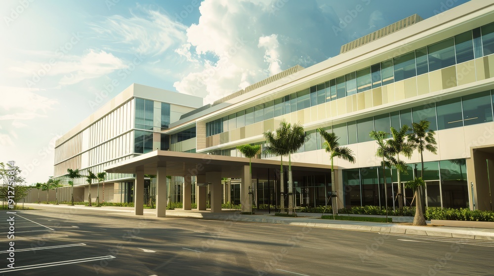 Bright daylight illuminates the stylish facade of a contemporary office building surrounded by palm trees and an empty parking lot.