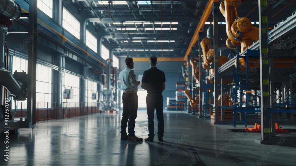 Fototapeta premium Two individuals engaged in conversation in a spacious factory, surrounded by industrial machinery and beams of natural light streaming in.