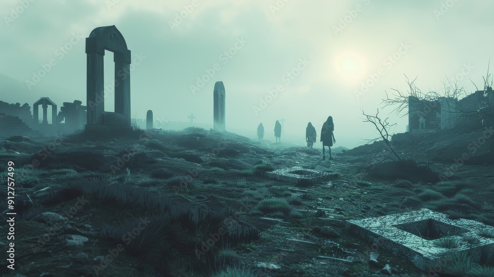 A hauntingly beautiful, misty landscape at dusk, with silhouettes walking among ancient ruins, evoking a sense of mystery and timelessness. A hauntingly beautiful, misty landscape at dusk, with silhouettes walking among ancient ruins, evoking a sense of mystery and timelessness.