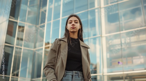 Confident woman in urban setting with glass buildings, exuding strength and modern style in a cityscape backdrop. Free Download Confident woman in urban setting with glass buildings, exuding strength and modern style in a cityscape backdrop. - GFXLoad