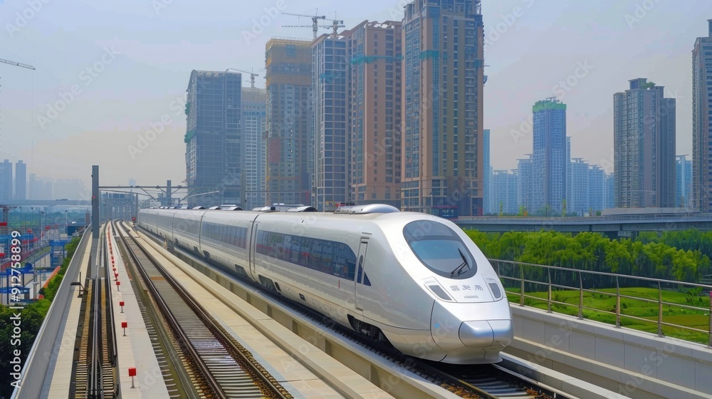 Naklejka premium High Speed Train in Modern City