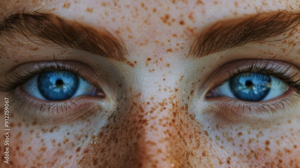 A captivating close-up of freckle-adorned skin, focusing on two vibrant blue eyes gazing ahead with intensity. A captivating close-up of freckle-adorned skin, focusing on two vibrant blue eyes gazing ahead with intensity.