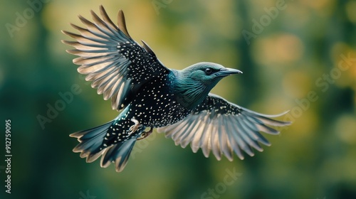 A Blue and Black Bird in Flight with Spread Wings