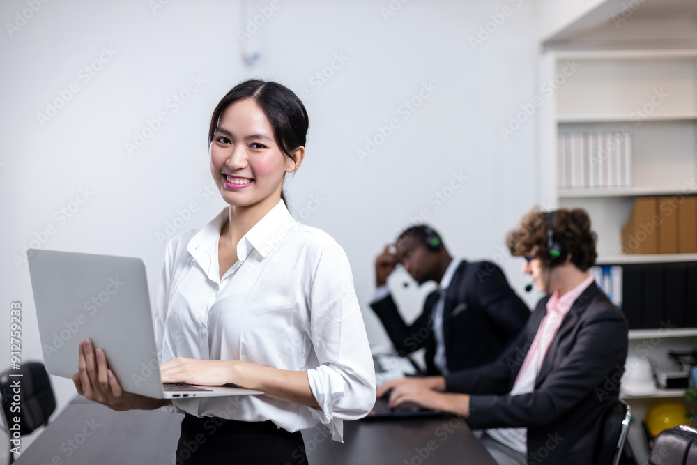 Portrait of beautiful woman worker call center holding laptop working customer support operator. Network operations information customer service. female sales manager in corporate operator support. Portrait of beautiful woman worker call center holding laptop working customer support operator. Network operations information customer service. female sales manager in corporate operator support.