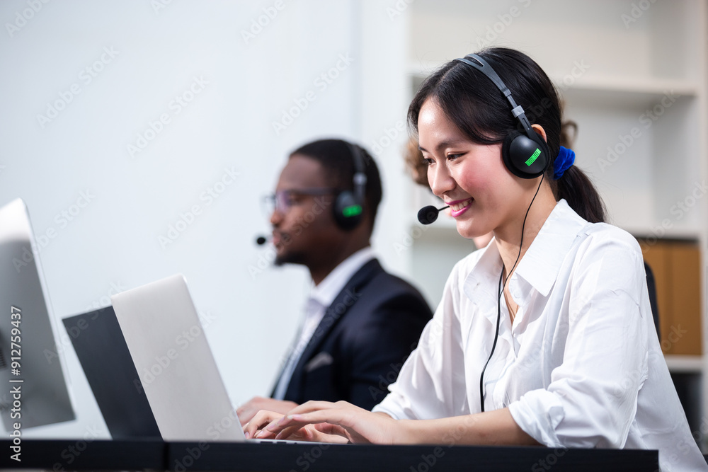 woman operators with microphone and computer at work, Call center, support telemarketing. woman operators with microphone and computer at work, Call center, support telemarketing.