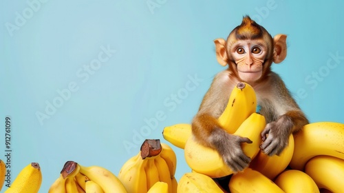 Cute little monkey rest on a pile of banana fruit photo