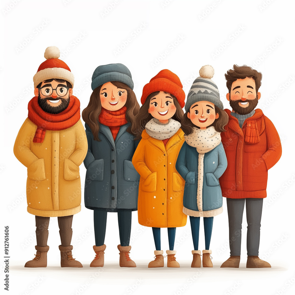Cartoon character. People in winter clothes stand on a white background. Cartoon character. People in winter clothes stand on a white background.