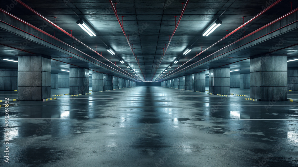 Fototapeta premium Spacious Modern Underground Car Parking Area With Concrete Structure, Bright Lighting. Generative AI