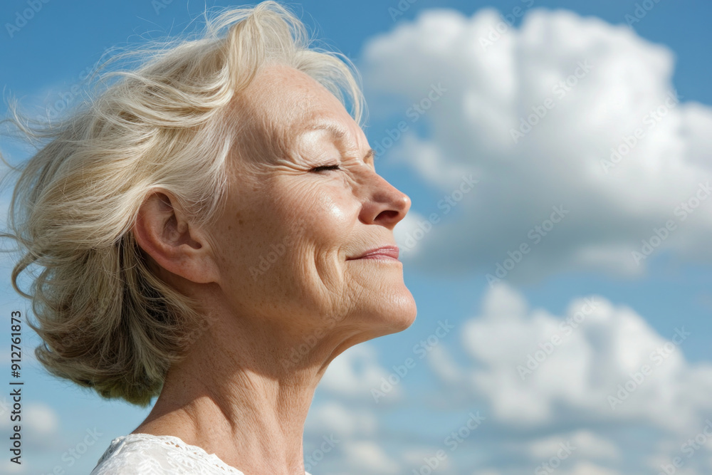 Caucasian senior woman taking a breath on a sunny day, mental health