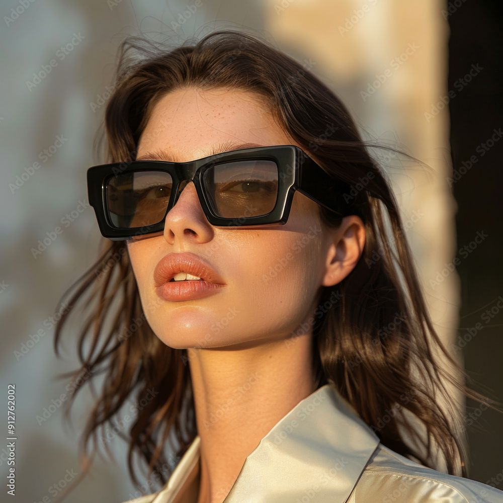 An elegant woman wearing oversized sunglasses and a chic outfit, posing confidently in bright sunlight against a neutral background. An elegant woman wearing oversized sunglasses and a chic outfit, posing confidently in bright sunlight against a neutral background.