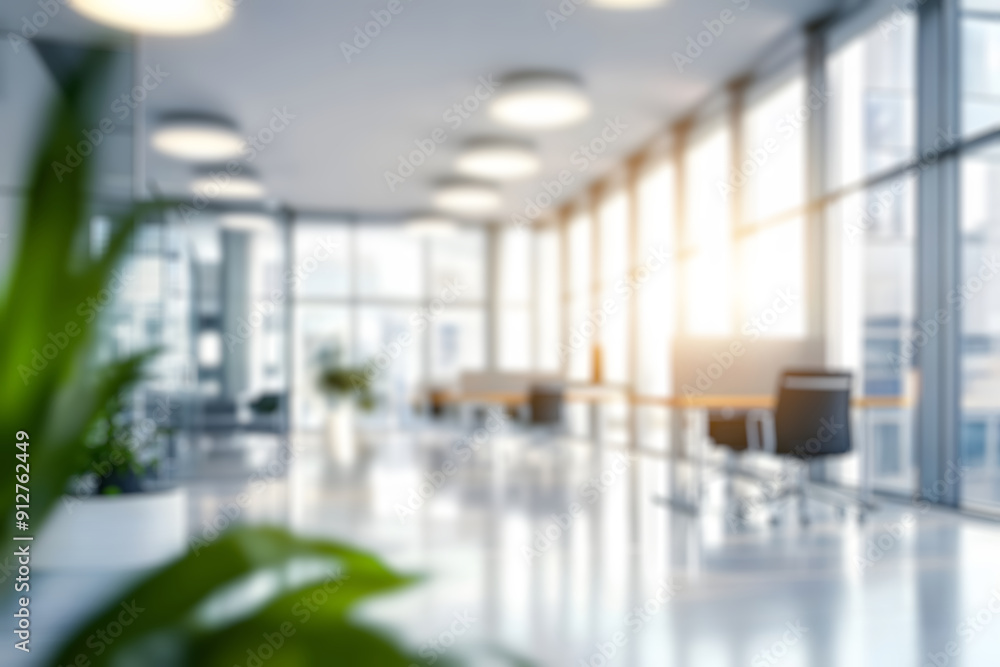 Blurred empty, modern office hall with glass walls, minimalist furniture, and soft lighting creates serene workspace ambiance. Blurred empty, modern office hall with glass walls, minimalist furniture, and soft lighting creates serene workspace ambiance.