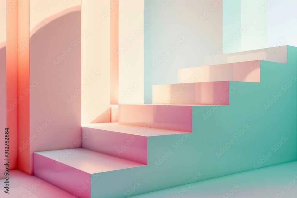 Surreal pastel-colored stairs bathed in soft light bring about an otherworldly feel, blending the dreamlike with architectural elegance. Surreal pastel-colored stairs bathed in soft light bring about an otherworldly feel, blending the dreamlike with architectural elegance.