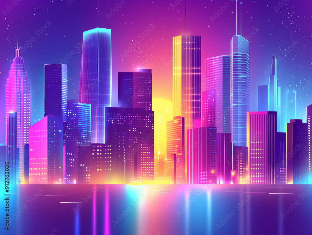 Vibrant neon cityscape party background with glowing lights and skyscrapers. Perfect for urban-themed events and night parties. Empty copy space available. AI Vibrant neon cityscape party background with glowing lights and skyscrapers. Perfect for urban-themed events and night parties. Empty copy space available. AI