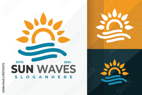 Sun Water Waves Logo design vector symbol icon illustration