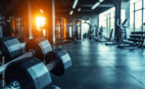 Row of dumbbells in a modern gym with blurred fitness equipment in the background.