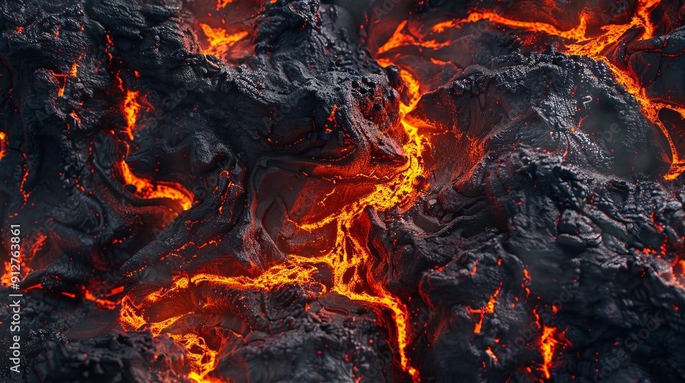 Close-up Of Molten Lava And Fiery Cracks On Black Rock Close-up Of Molten Lava And Fiery Cracks On Black Rock