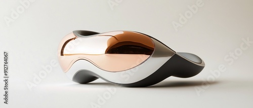 Futuristic eye massager with a shiny, copper-colored surface and a black, ergonomic frame rests on a white surface. The device has a curved shape that appears to conform to the contours of the face. photo