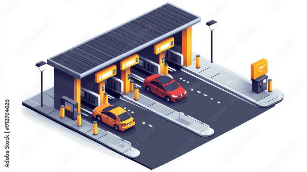 A parking lot with two cars and a gas station A parking lot with two cars and a gas station