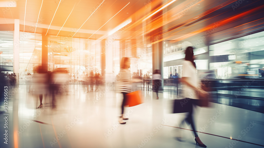 Blurred view of a modern shopping mall with a woman carrying shopping bags Blurred view of a modern shopping mall with a woman carrying shopping bags
