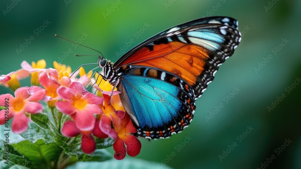 Fototapeta premium A Blue and Orange Butterfly Feeding on Pink Flowers