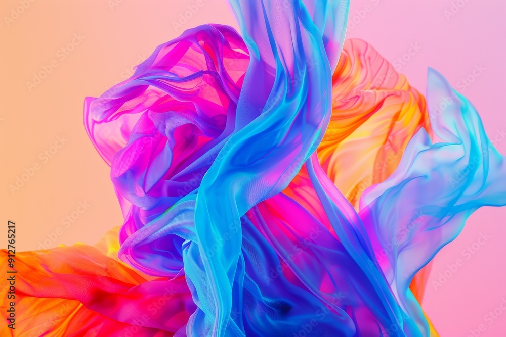 Dynamic, flowing, and colorful cloths in magenta, blue, and orange shades, forming an abstract pattern with a soft gradient background. Dynamic, flowing, and colorful cloths in magenta, blue, and orange shades, forming an abstract pattern with a soft gradient background.