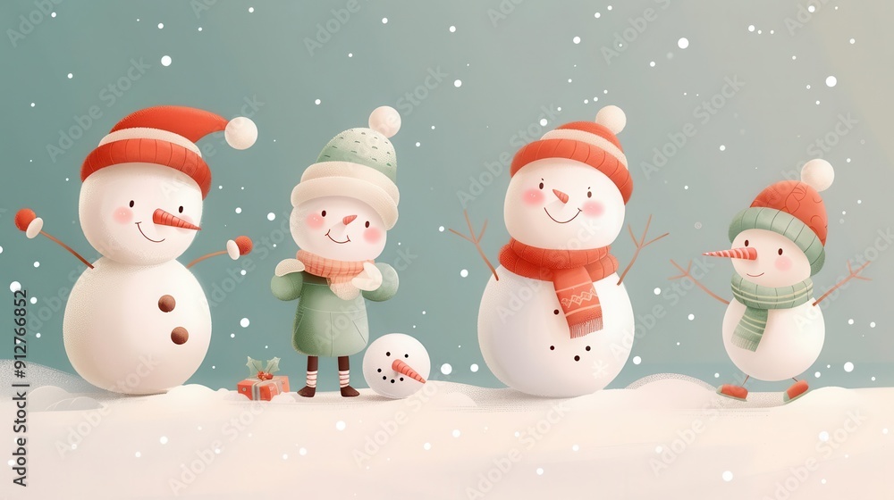 Cute cartoon snowmen with winter hats and scarves in snowy landscape. Cute cartoon snowmen with winter hats and scarves in snowy landscape.