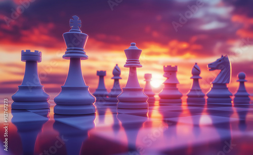 Chess pieces set on a reflective board against a vibrant sunset sky.