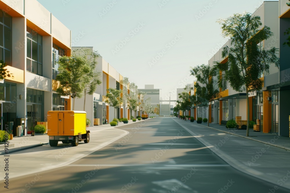 A spotless industrial street lined with modern buildings, adorned with greenery and bathed in the golden hue of an early morning sun. A spotless industrial street lined with modern buildings, adorned with greenery and bathed in the golden hue of an early morning sun.