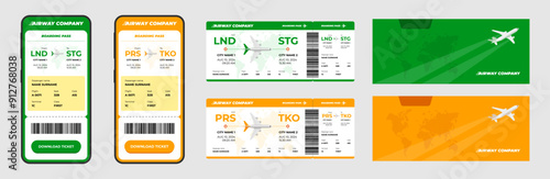 Airline flight ticket and airplane boarding pass design. Passenger name and flight details. Online flight travel booking mobile app on screen. Business plane journey airways company eticket document