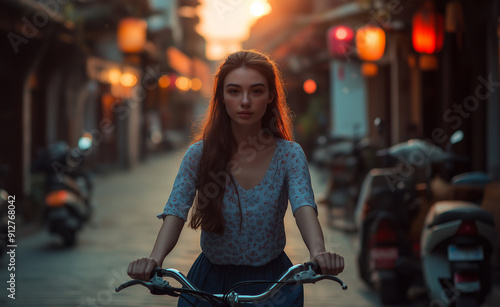 A young woman riding a bicycle through a lantern-lit street at sunset.