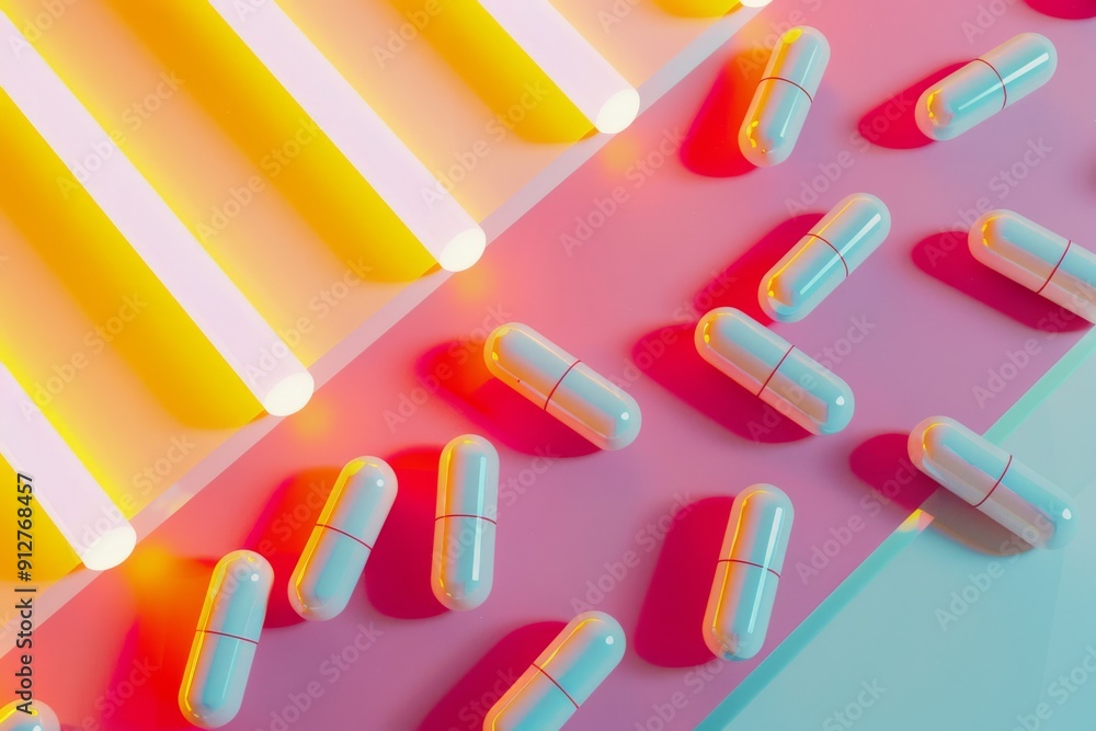 Colorful capsules scattered creatively on a pastel background, mingling with vibrant lighting to create an artistic and modern pharmaceutical display. Colorful capsules scattered creatively on a pastel background, mingling with vibrant lighting to create an artistic and modern pharmaceutical display.