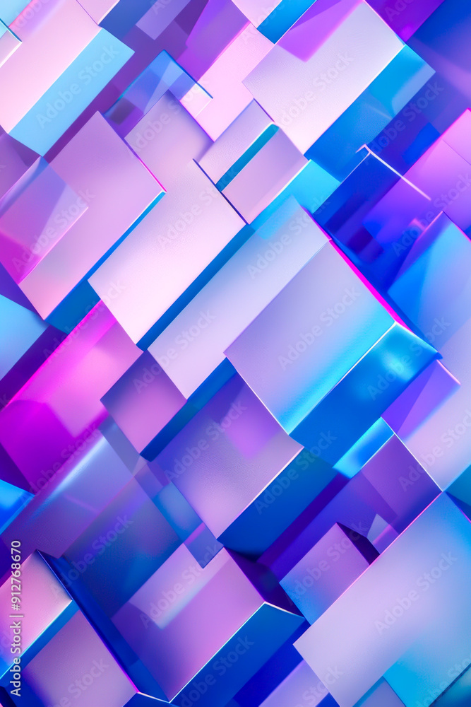 Obraz premium Neon cubes in pink and purple shades float on gradient background, creating futuristic digital backdrop. Perfect for tech presentations, modern design projects, or vibrant digital art. Vertical format