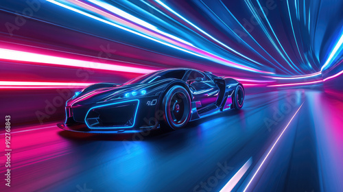 Racing Electric Sports Car in Vibrant Neon Light Tunnel