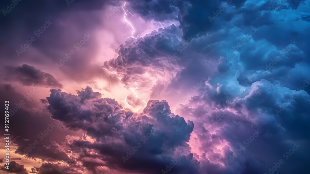 Intense Stormy Sky with Dramatic Lightning Bolt at Sunset Over Horizon Intense Stormy Sky with Dramatic Lightning Bolt at Sunset Over Horizon