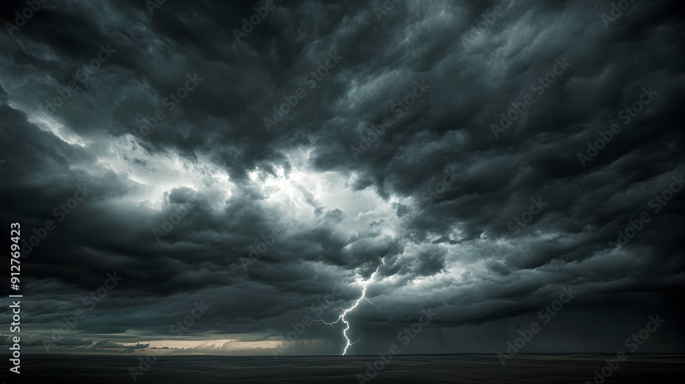Obraz premium Dramatic Storm Clouds with Powerful Lightning Strike in Ominous Landscape