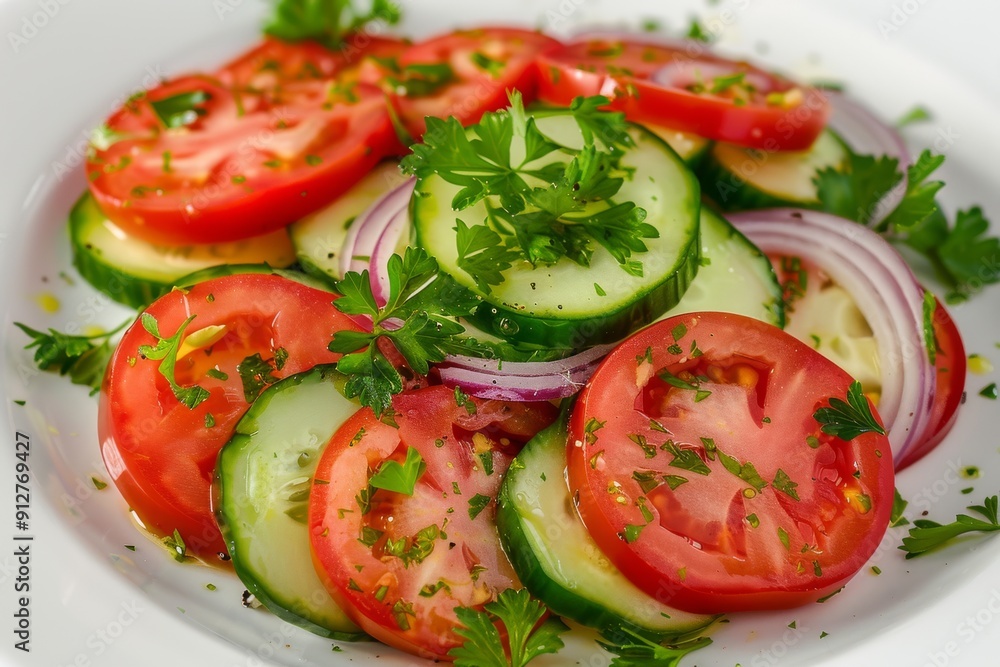 A fresh and colorful salad made with sliced tomatoes, cucumbers, red onions, and parsley, beautifully arranged on a white plate. A fresh and colorful salad made with sliced tomatoes, cucumbers, red onions, and parsley, beautifully arranged on a white plate.