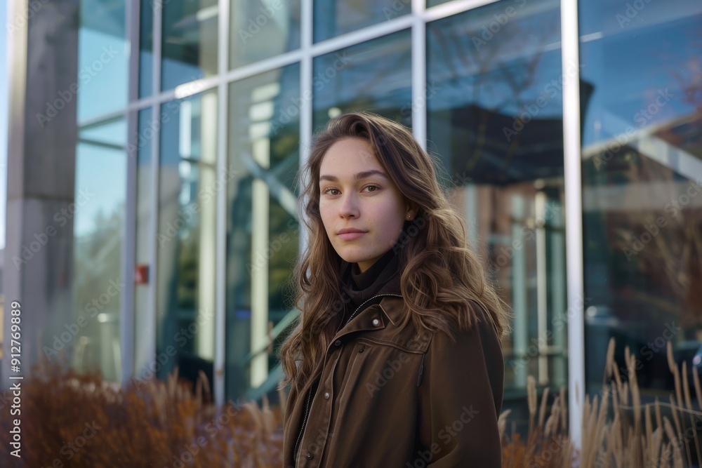 A young woman stands outdoors in a brown jacket, subtly smiling with a backdrop of a modern building and natural elements. A young woman stands outdoors in a brown jacket, subtly smiling with a backdrop of a modern building and natural elements.