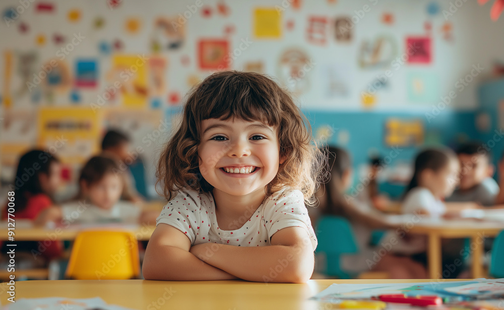 Smiling young girl in a colorful classroom setting. Smiling young girl in a colorful classroom setting.
