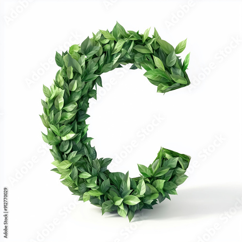 Isometric 3d letter "C" standing consisting of realistic fluffy leaves, white flat background