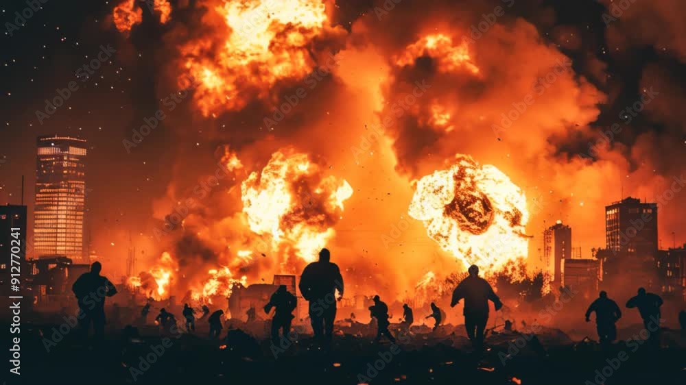 People fleeing from a massive explosion in a city with intense fire and smoke People fleeing from a massive explosion in a city with intense fire and smoke