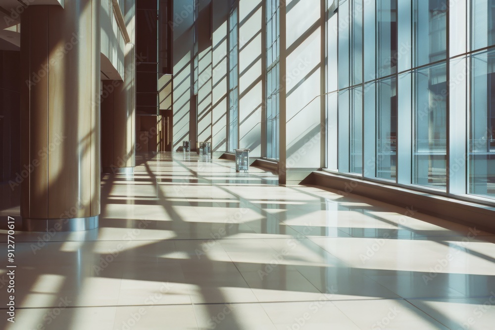 Fototapeta premium Sunlight streams through large windows, casting intricate shadows across a modern, sleek corridor with smooth, polished floors.