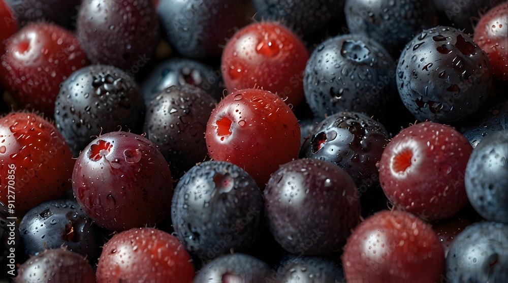 Background close-up image of a mixture of blueberries and raspberries. Blackberries, redberries Background close-up image of a mixture of blueberries and raspberries. Blackberries, redberries